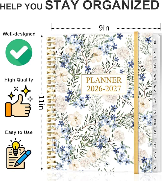 Academic Planner 2026-2027 - Weekly & Monthly Planner from July 2026 to June 2027, Agenda 2026 2027 with Inner Pocket, Elastic Band, 8.5" x 11", Crushed Flower