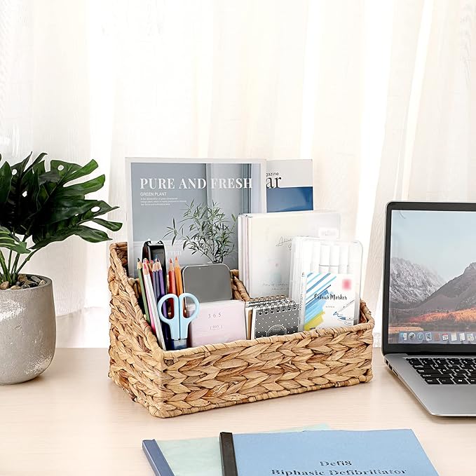 BTSKY Woven Divided Storage Basket Natural Hyacinth Vertical Wicker Storage Baskets 4 Compartments Desktop Home Office Supplies Sorter Rack