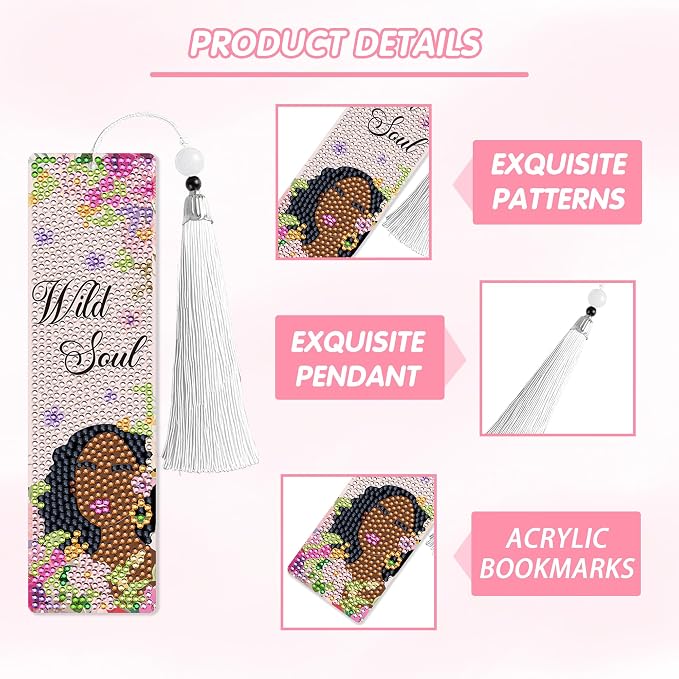 Diamond Art Bookmarks for Women, 6 Pcs Black Girl Book Club Diamond Painting Bookmark Kit with Tassels, DIY Book Marks Making Kits for Reading, Small Craft Gifts for Adults Begginers Readers