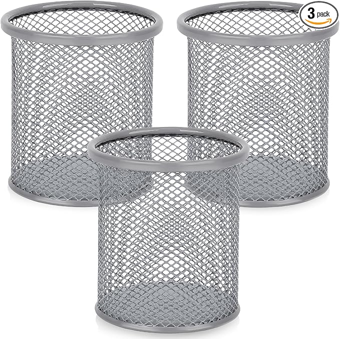 Segarty Pen Holder for Desk, 3 Pack Round Silver Pen Holder, Wire Mesh Pencil Cup Holder Containers Set, Desktop Organizer for Office Supplies, School Classroom, Home, Makeup Brush