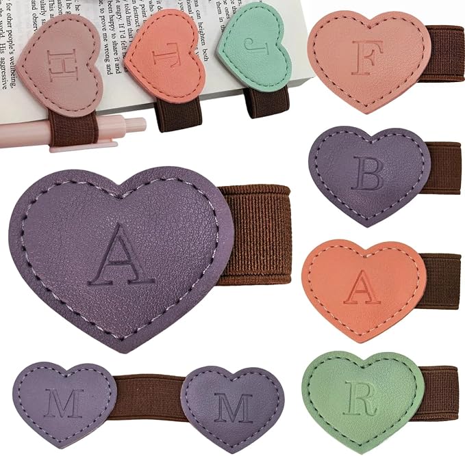 Personalized Magnetic Leather Heart Bookmark with Pen Holder - 26 Letters Custom Book Mark Notebook Pencil Loop with Initial Book Marker for Readers, Book Lovers- Gifts for Women Men(Purple,A)