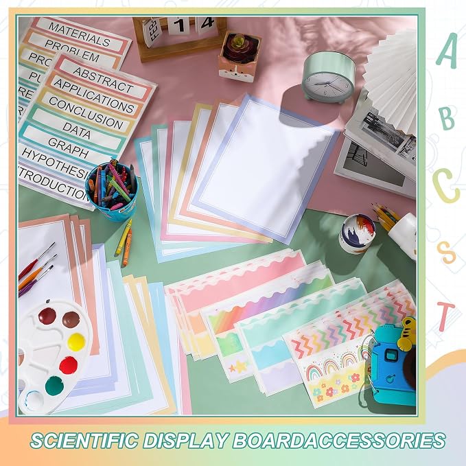 Fuyoooo 90 Pcs Science Fair Board Supplies 60 Trim Scalloped Bulletin Board Borders 24 Presentation Board Subtitles 6 Science Fair Titles for Classroom Display Boards (Pastel)