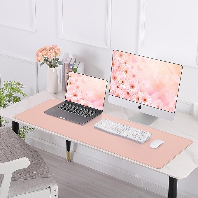 AFIING Large Desk Mat 47.2" x 17.5", Leather Desk Pad Protector with Natural Cork & PU Leather, Non-Slip Office Desk Mat, Double-Sided Mouse Pad, Waterproof Large Desk Pad for Office and Home (Pink)
