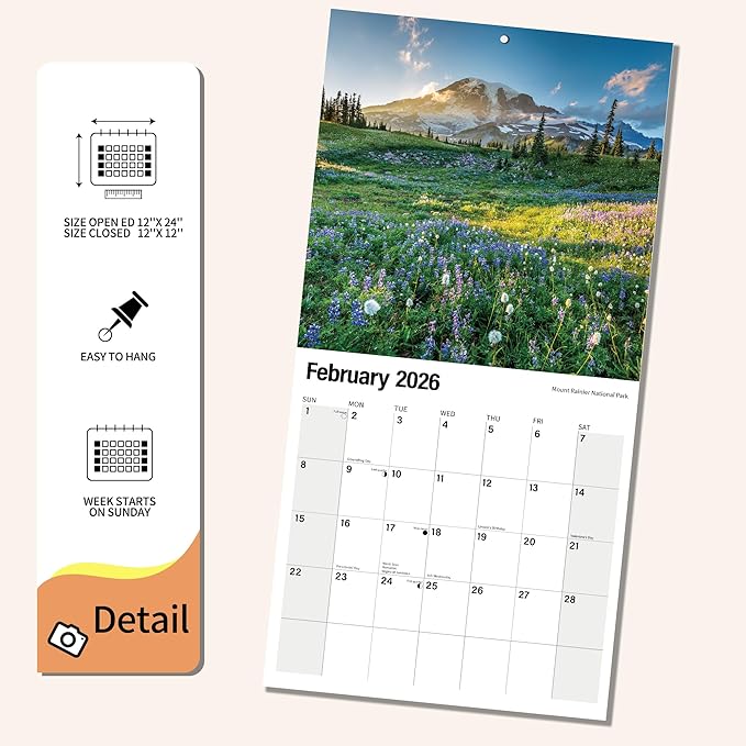 Wall Calendar 2025-2026 Planner Calendar - America National Park Hangable Monthly Wall Calendar with Large Blocks for Organizing & Planning, Academic Schedule, Home, Office & family, Thick & Sturdy Paper (12"x24" Open)