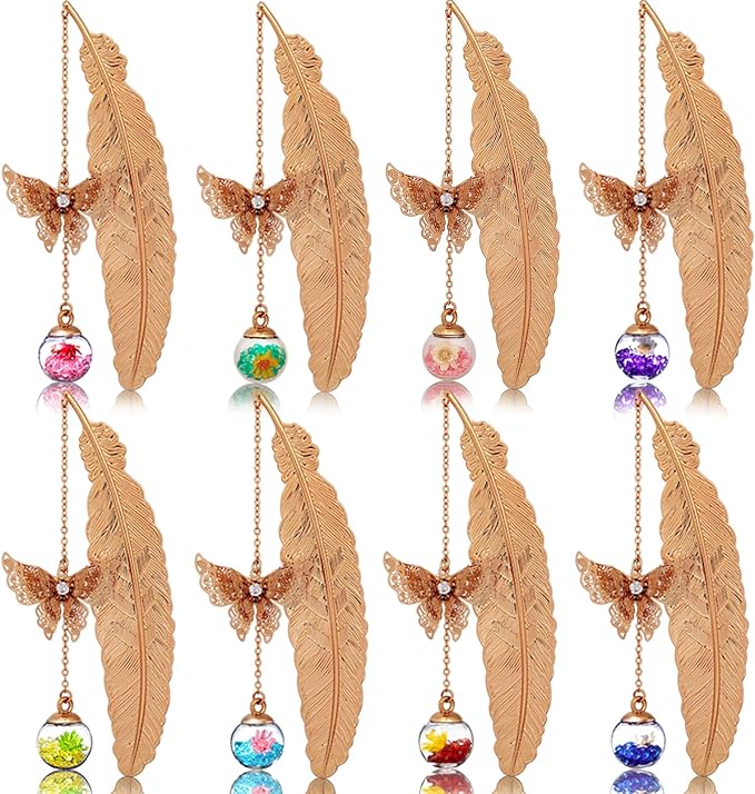 Teacher Retirement Gifts - Metal Feather Bookmark with 3D Butterfly & Real Dried Flower Pendant - Bookmark for Women & Book Lovers Under 10 Dollars - Gift Box Included