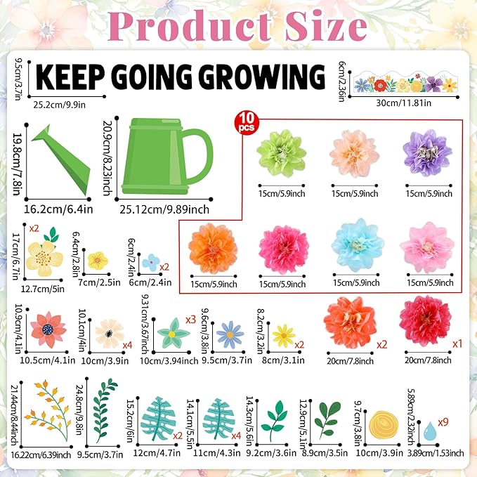 3D Summer Wildflowers Bulletin Board Set Keep Going Keep Growing Bulletin Board Paper Flowers Classroom Decorations Floral Blackboard Border Sunflower Cutout for Back to School Classroom Wall Decor