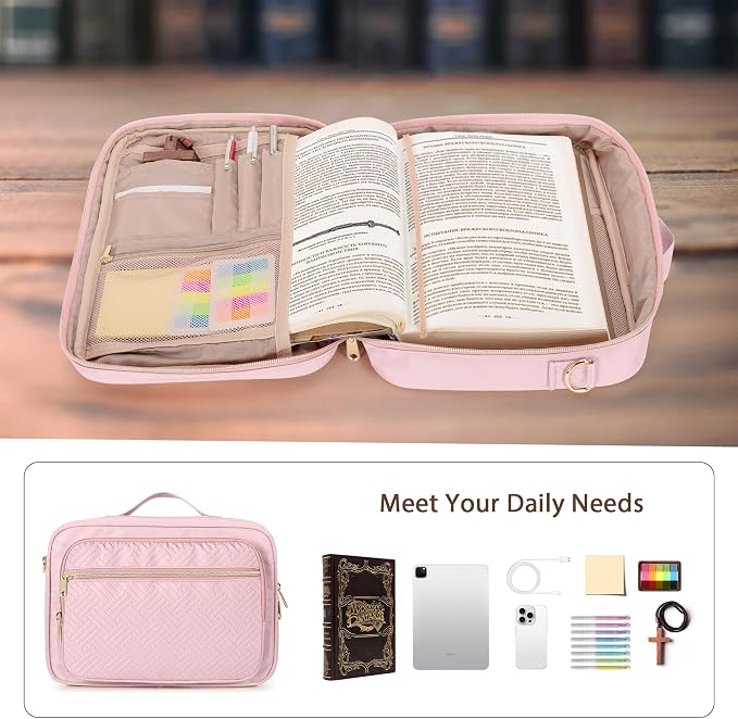 Bible Cover Case for Women, Large Bible Church Bag with Strap, Bible Carrying Case Book Protector with Handle, Pink(Empty Bag Only)