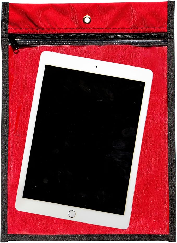 Media Pouch and Nylon Tote Bag for Books, Headphones, and School Accessories, Heavy Duty Travel Storage for Classroom or Library, 16.5 x 11.75 Inch (Red)