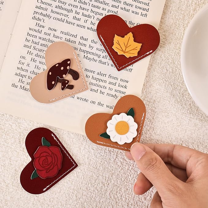 VYRANA 4Pcs Leather Heart Bookmarks - Cute Corner Book Marks Sets for Reading, Vintage Read Lover Gifts for Women Men Teens Kids Reader, Stylish Book Markers for Reading, Ideal Gifts for Planner