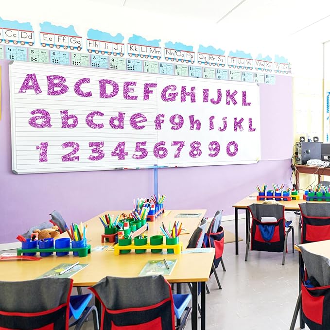 Colarr 216 Pcs Glitter Bulletin Board Letters for Classroom Number Alphabet Punctuation Symbol Cutout 4'' Die-Cut Poster Letter with Adhesive Dot School Party Holiday Decor Display(Purple Pink)