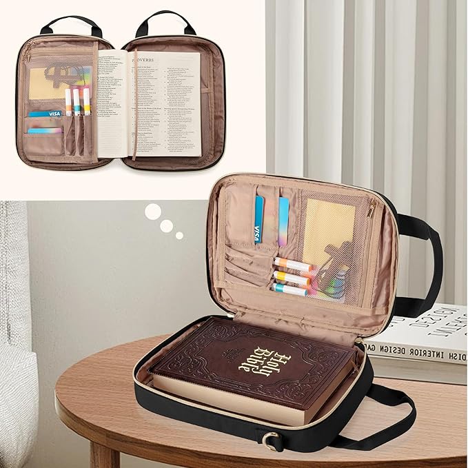 Teamoy Bible Cover Case for Women Men, Bible Book Cover Church Bag Carrying Case with Shoulder Strap, Black Quilted