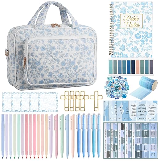 Capoda Bible Cover Case for Women, Bible Tote Bibles Study Supplies with Notebook Highlighters Ballpoint Pen Sticky Notes Scripture Card for Mother's Day Christian Gifts Women Mom Girls(Flower,Blue)
