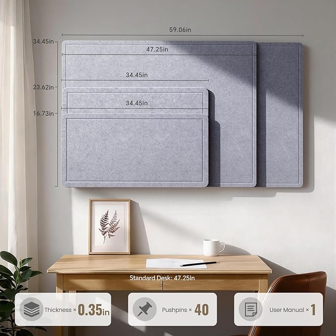 Large Bulletin Board, 48 X 35 Inches Felt Cork Board with 40 Pushpins, Foldable Felt Notice Pin Board Photo Display Board with Self-Adhesive Tape for Office Home School (Light Gray, 48x35 inch)