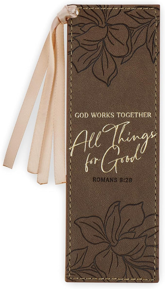 Christian Art Gifts Premium Vegan Leather Inspirational Scripture Bookmark for Women: All Things for Good Encouraging Bible Verse, Heat-Debossed Florals, Satin Ribbon for Books & Bibles, Brown & Gold