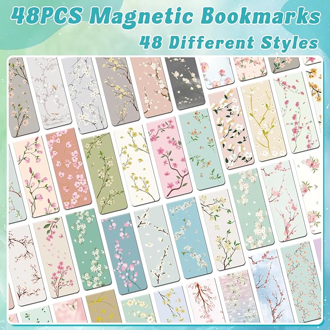48Pack Magnetic Bookmarks Bulk Book Marks for Reading Women Men Adults Book Lovers Gifts, Cute Bookmarks Magnet Bookmark Clips Magnetic Page Markers Pretty Funny BookMarker (Flower Branch)