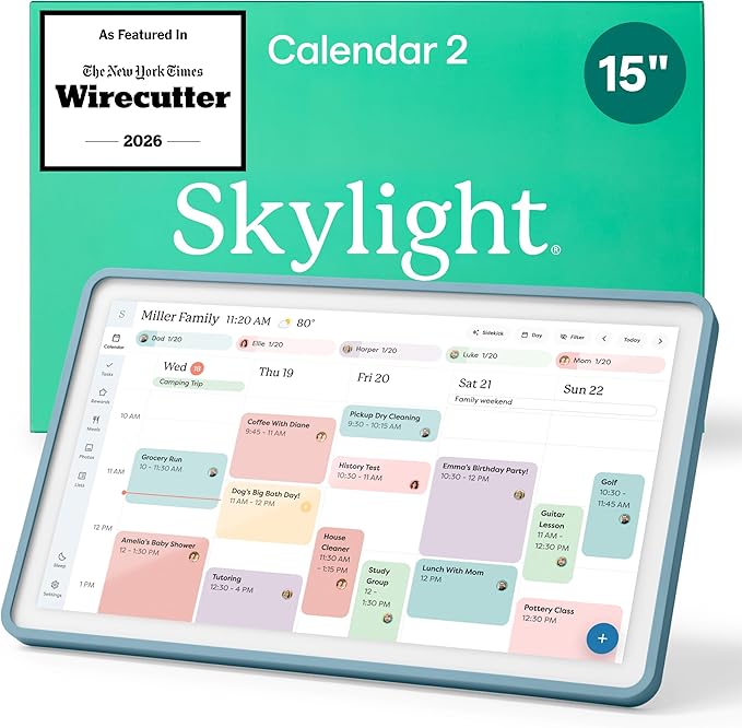Skylight Calendar 2 - 15-inch Full HD Touchscreen Digital Calendar, Featured on Wirecutter - Wall Planner & Interactive Chore Chart, Smart Family Organizer, 16GB Storage, Wi-Fi, Wall Mount Included - Classic, Lagoon