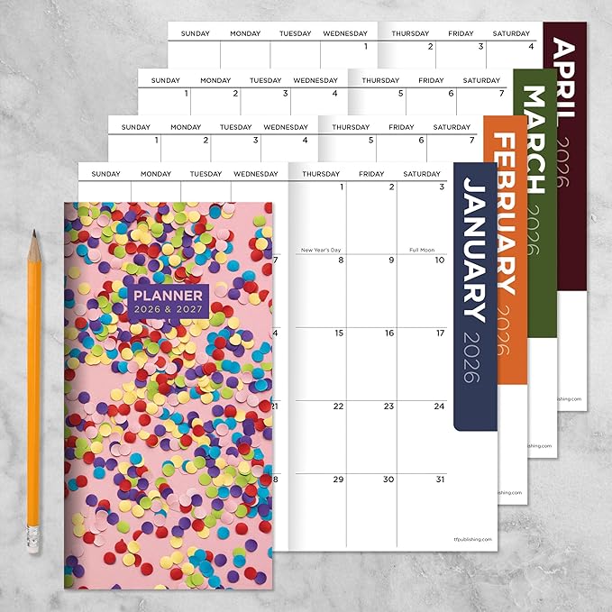 TF Publishing 2026-2027 Confetti Small Monthly Pocket Planner with 2 Page Large Calendar Grid and Lined Notes Section - 2 Year Pocket Calendar 2026-2027 Perfect for Purse - 3.5in x 6.5in