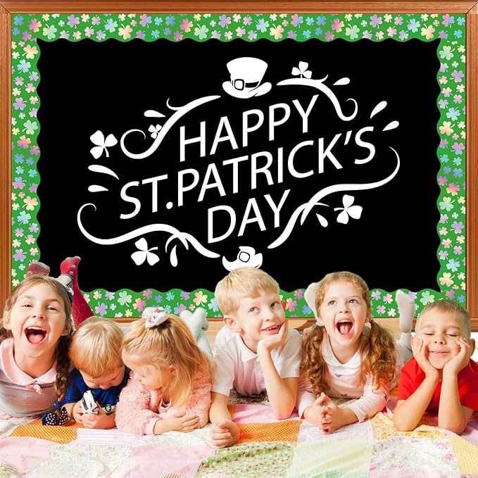 AnyDesign 32.8 Ft St. Patrick's Day Shamrock Bulletin Board Border Holographic Green Clover Scalloped Die Cut Border Trim Roll for Irish Party Home Classroom Wall Decoration
