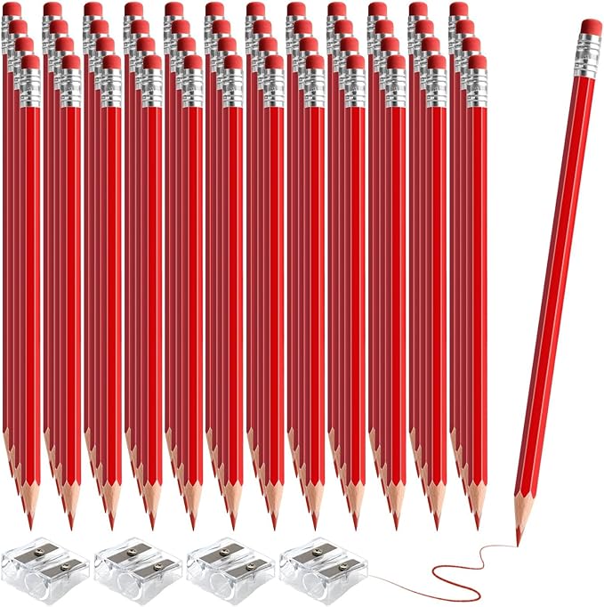 48 PCS Red Pencils Bulk with Eraser, Pre-Sharpened HB Pencils for Writing & Drawing, School Supplies for Kids Homework, Tests, Art Crafts & Teacher Grading (Red)