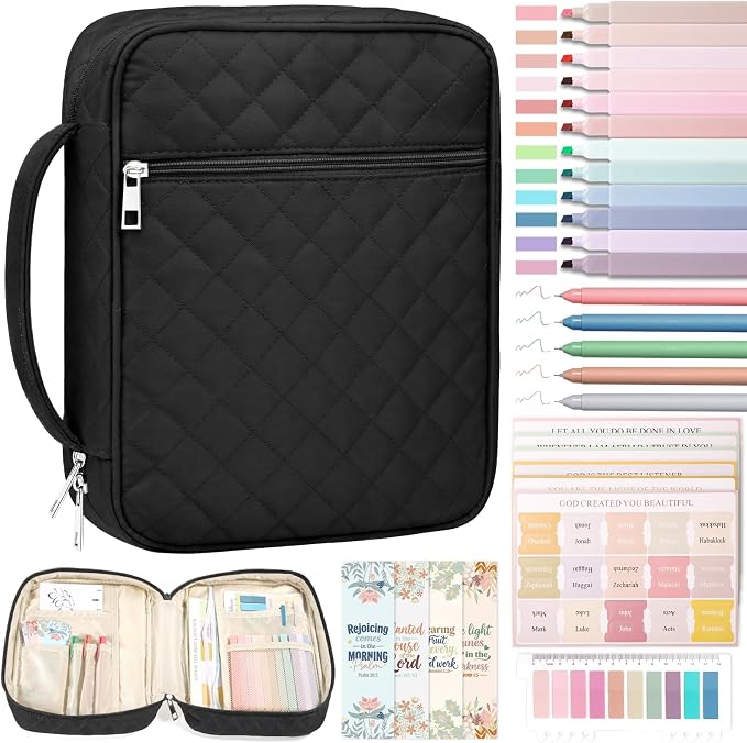 XKDOUS Quilted Bible Cover Case with Bible Study Accessories Kit, Waterproof Large Capacity Bible Bag for Women, Portable for Church Study, Multiple Morandi Color Options (Black)