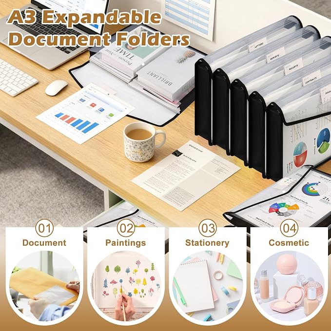 12 PCS 11 x 17 Inch Expandable Tabloid Size Document Folder with Label A3 Plastic Folders for Documents Black Expanding File Wallet Envelope Size Waterproof Clear Plastic File Pouch for Office