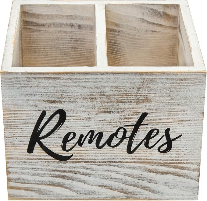 MyGift Remote Control Holder,TV Remote Holder,Wood Remote Caddy for Table,2 Large Compartment,Shabby Whitewashed Solid Wood with Black Cursive Remotes Label