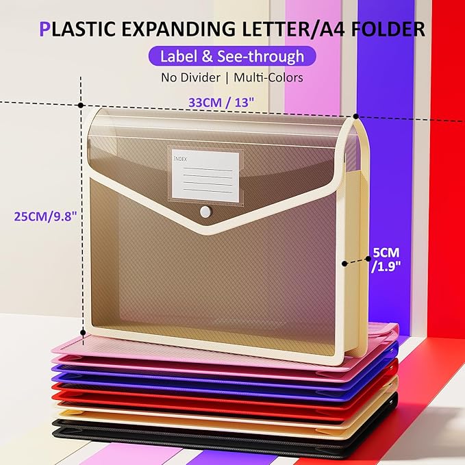 ThinkTex Plastic Expanding File Folder, Transparent envelopes with Snap Closure,No Dividers,Large Capacity,Document Organizer for Receipts, Bills&Taxes,Letter/A4 Size for School/Office/Home-10 Pack