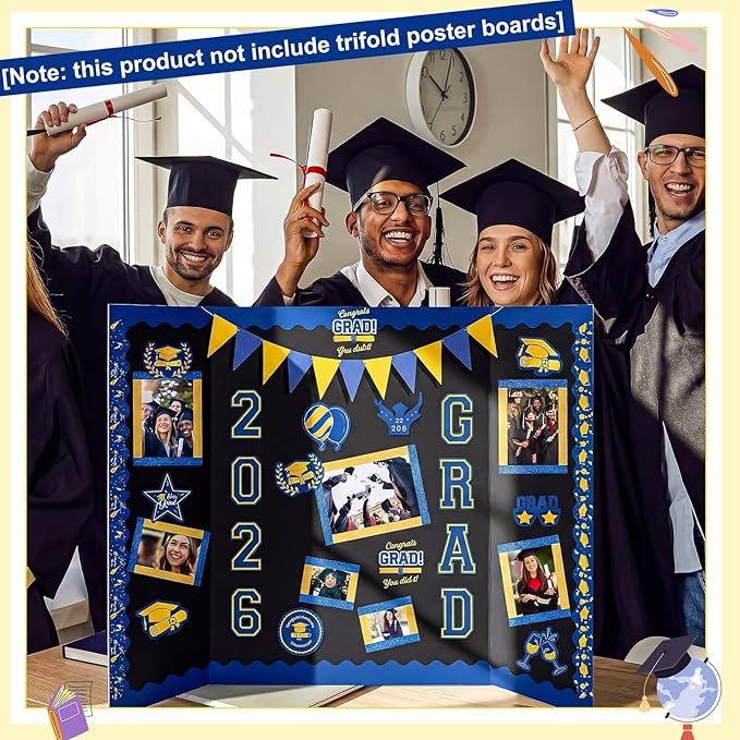 31 Pcs Graduation Photo Poster Board Decor Set Include 28 Sheets Graduation Themed Stickers 2 Rolls Picture Frame Tape 1 PC Banner for 2026 Grad Party College Board Photo Frame Decor(Blue)