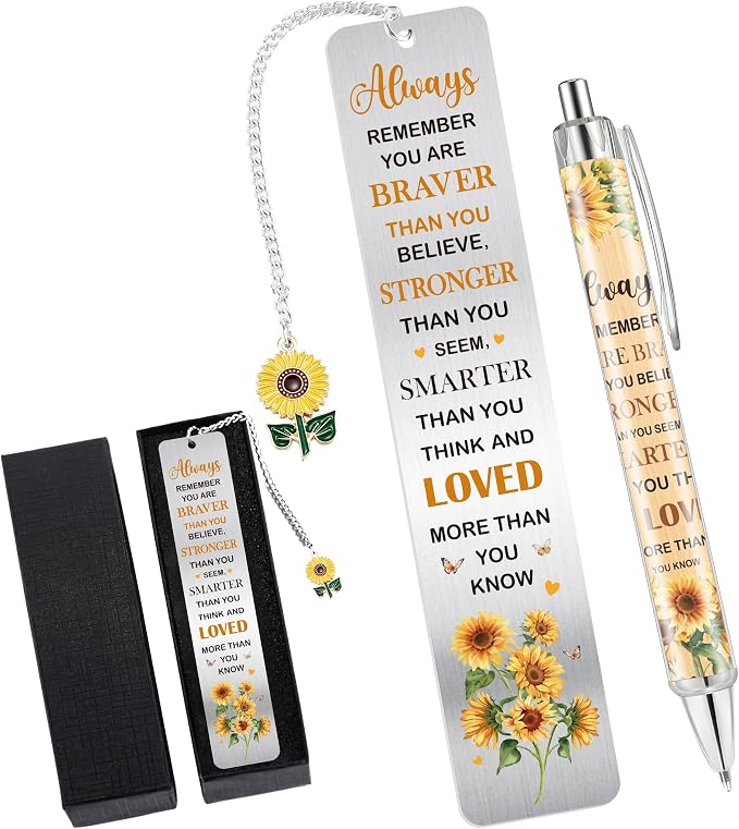 Inspirational Sunflower Bookmarks and Pen Set, Bookish Gifts for Reading Women Teens Girls Book Lovers