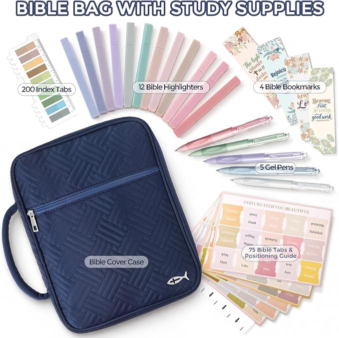XKDOUS Bible Cover Case for Women, Large Bible Cover with Durable Handle, Washable Quilted Bible Case, Bible Study Supplies & Christian Gifts for Mom, Women, Men (Dark Blue)