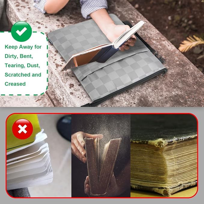 Book Sleeves with Zipper, Travel Book Protector Pouch for Paperbacks & Hardcover Books, Book Covers Bags Carry Case/Front Pocket & Handle Strap for Book Lovers Mother's Day (Grey with Block, 2 Pcs)