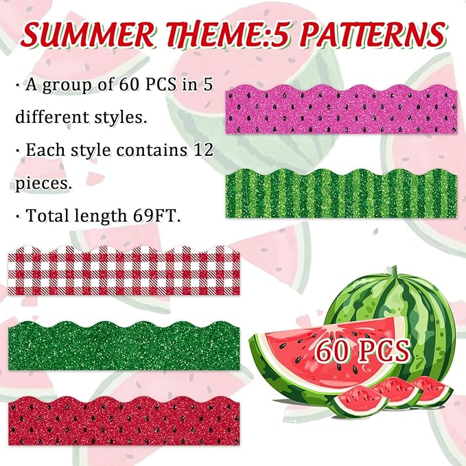 Whaline 69Ft Watermelon Bulletin Board Border Glitter Pink Red Green Watermelon Adhesive Border Trim for Summer Classroom Chalkboard Wall Decor