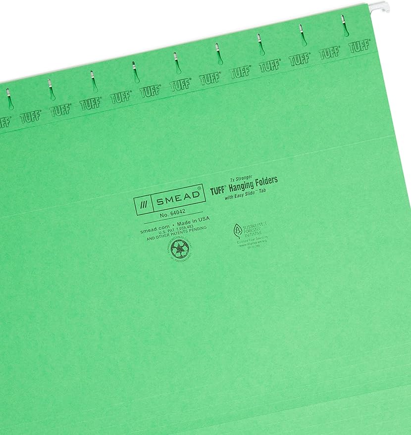 Smead TUFF Hanging File Folder with Easy Slide Tab, 1/3-Cut Sliding Tab, Letter Size, Green, 18 per Box (64042, Rod Color May Vary)