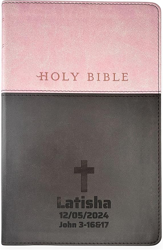 Personalized NLT Bible New Living Translation Faux Leather Holy Bible with Custom Name and Text, Small Print with Red-Highlighted Verses | Custom Gift for Religious Celebrations | Pink/Brown