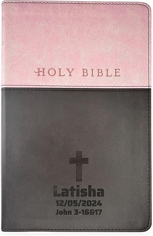 Personalized NLT Bible New Living Translation Faux Leather Holy Bible with Custom Name and Text, Small Print with Red-Highlighted Verses | Custom Gift for Religious Celebrations | Pink/Brown