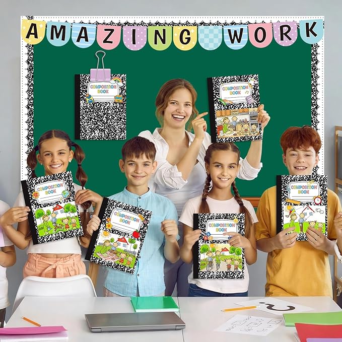 24 Pcs Student Work Display Bulletin Board Composition Notebook Classroom Decoration Inspirational Amazing Work Wall Decor Composition Book Paper Cutouts for Teacher Back to School Chalkboard Supplies