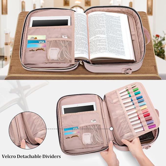 Teamoy Large Bible Cover, Women Bible Carrying Case Church Bag with Straps and Pens Holder, Bible Study Religious Supplies Tote Bag, Pink Quilted