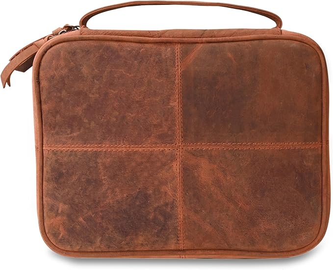 Genuine Leather Bible Case for Men & Women 11 x 8 inch, Bible Cover with Handle & Zip Clousre, Pen Holder, Multiple Storage Compartments Bible Carrying Bag (Red)
