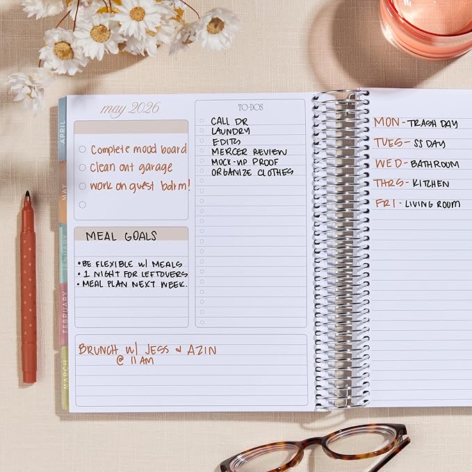 7x9 Coiled Life Planner (January 2026 - December 2026) - Hexagon classic cover, horizontal layout, Bouquet theme, platinum coil