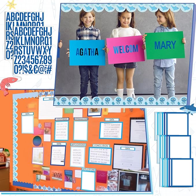 Sinload 92 Pcs Science Fair Board Supplies 60 Trim Scalloped Poster Boards 18 Presentation Subtitles 6 Project Titles 8 Letter Sticker for Classroom Display Boards (Blue,Ocean)