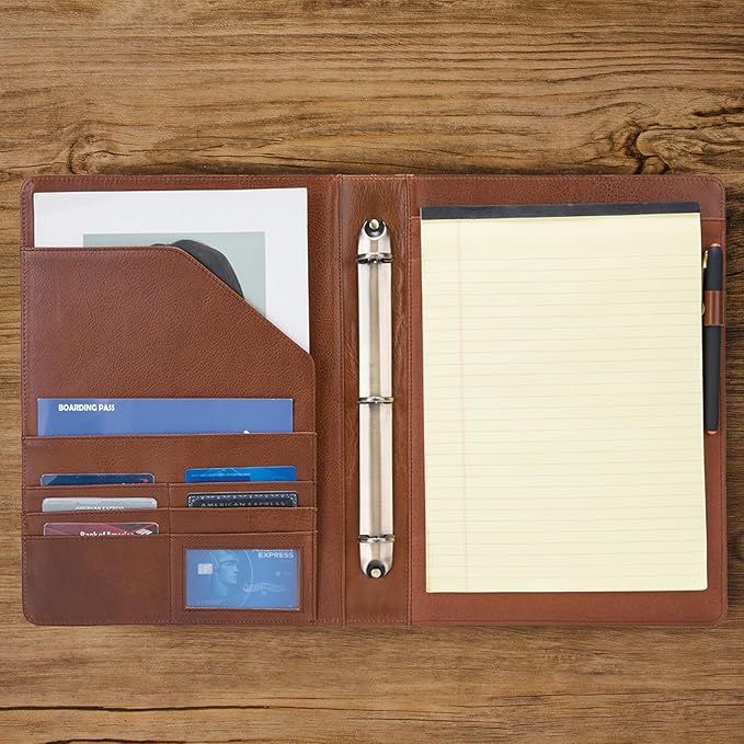 Genuine Leather 3 Ring Binder, 8.5 x 11 Letter Size Folio with Pen Holder, Soft Notebook Portfolio Cover, Slim Notepad Padfolio Thin File Organizer for Work Executive Meeting, Brown, Oil Tanned