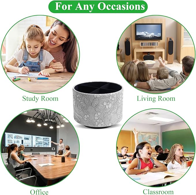 Round Leather Art Supply Organizer,Remote Control Holder,360-degree Rotating Pen Organizer with 4 Compartments(1-Butterfly Grey)