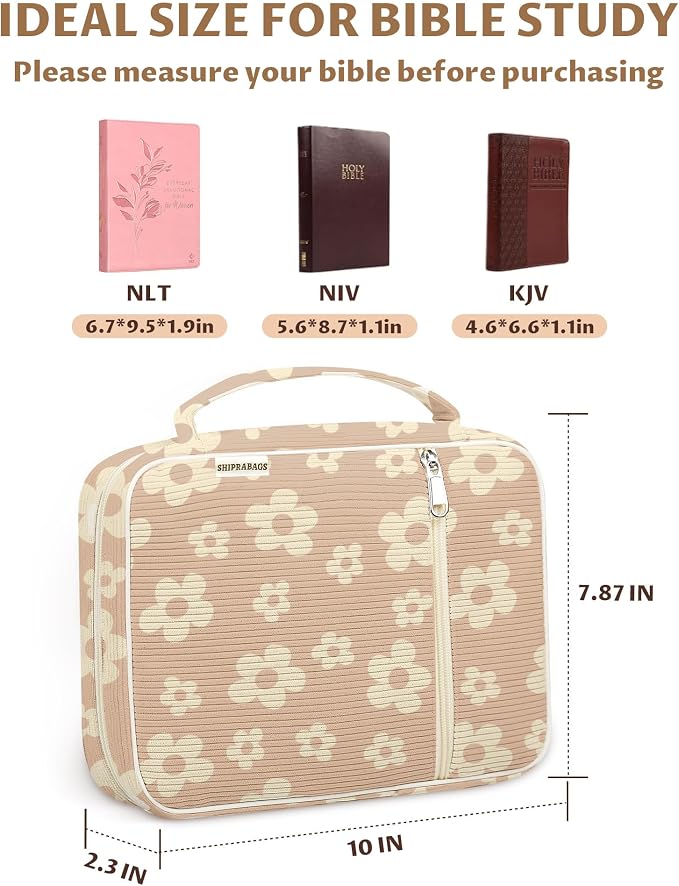 shirabags Bible Cover Case for Women, Corduroy Bible Bag Tote with Handles, Soft Floral Book Cover Large Size, Study Carrier Bag Case Christian Gifts for Women (Brown Wuban Floral, M)