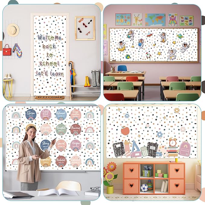 Boho Bulletin Board Paper Roll Non-Woven Bulletin Board Background Reusable Waterproof Polka Dots Classroom Poster Fade Resistant Poster for Classroom Decor Wrapping Crafts Supplies 15.6 in x 12 Ft