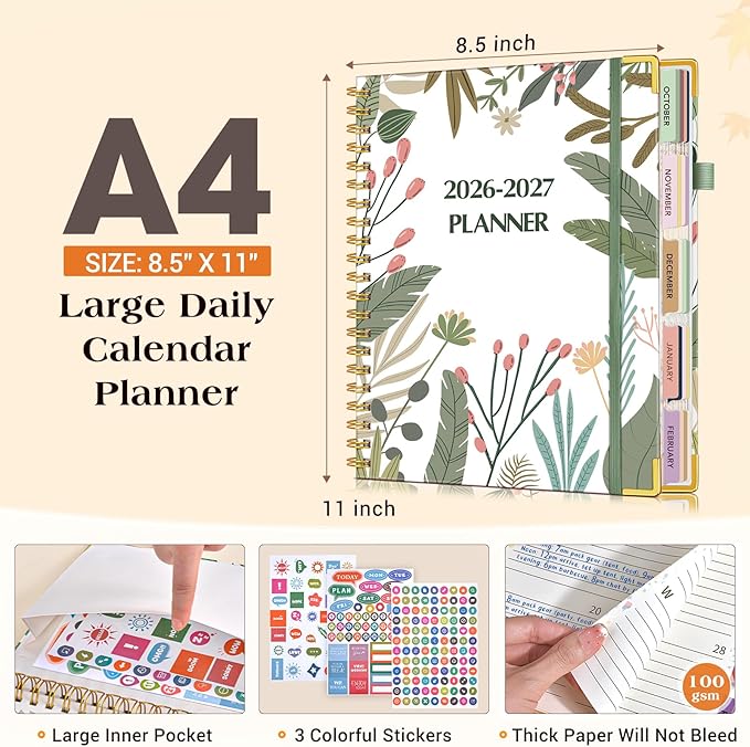 Planner 2026-2027, 18 Months Weekly and Monthly Daily Planner from January 2026 - June 2027, 8.5" x 11" A4 Large Hardcover Agenda Organizer Book 2026 with Tabs, Spiral Yearly Calendar Planners for School Work Home, Colorful Botanicals
