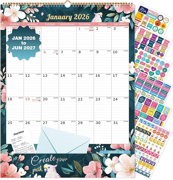 Ospelelf Wall Calendar 2026-2027 with Storage Pocket Monthly Large Planner Pad 17" X 22" with Protective Cover and Stickers for Family Fridge Office Teacher Student January 2026 to June 2027 Retro