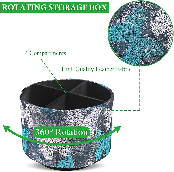 Round Leather Art Supply Organizer,Remote Control Holder,360-degree Rotating Pen Organizer with 4 Compartments(1-Butterfly Green3)