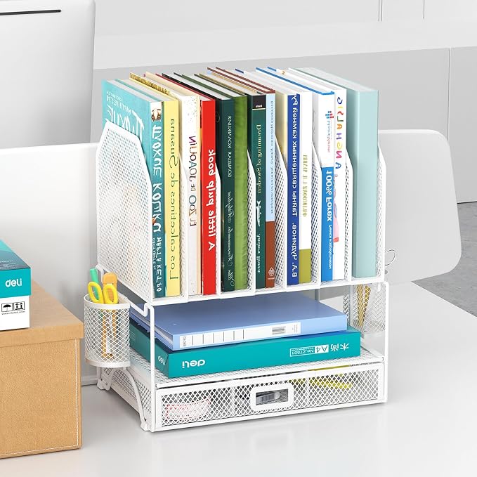 FANXIYQ Metal Desk Organizer with Sliding Drawer, 7-Section File Organizer for Desk, Desktop File Folder & Paper Organizer with 2 Hanging Pen Holders, Office Supplies Organizer, White