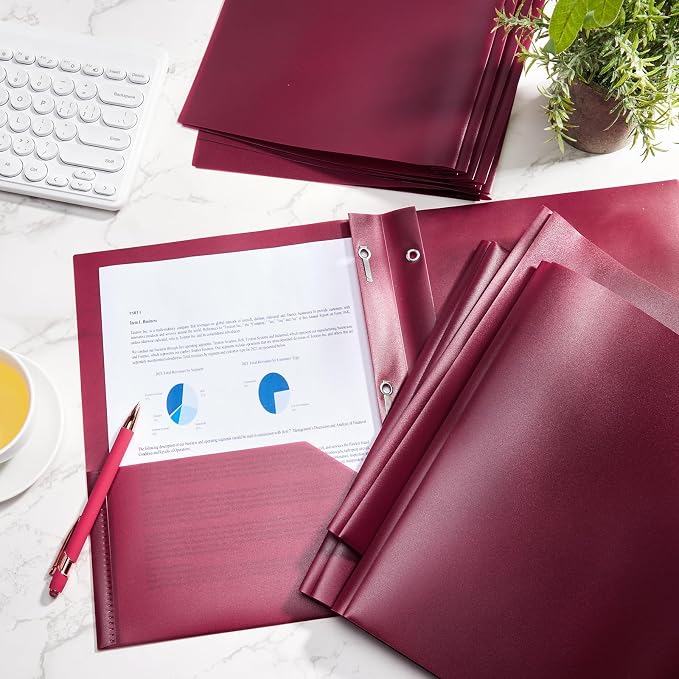 Cholemy 72 Packs Pocket Folders with Prongs Heavy Duty Plastic Folder with Business Card Slot 3 Prong Fasteners for School Office (Burgundy)
