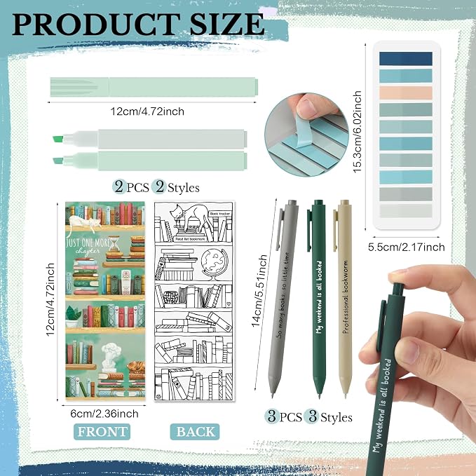 Spakon 7 Pcs Book Lovers Gifts for Readers Bookish Book Annotation Kit Aesthetic Pastel Highlighters No Bleed Gel Pens Reading Tabs Bookmark for Women Library Student Bible(Green Series)